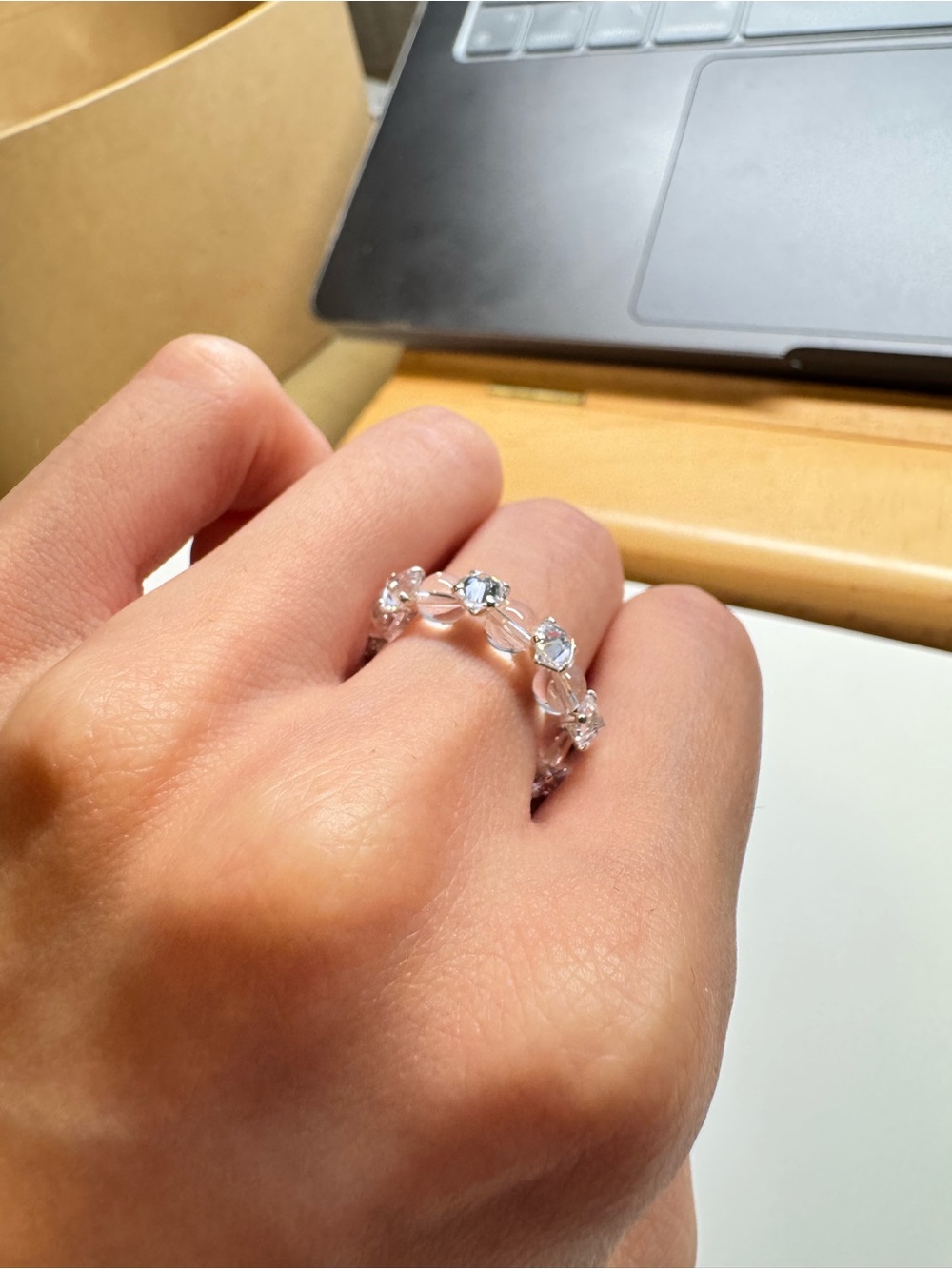 Delicate Silver Clear Quartz Floral Band Ring